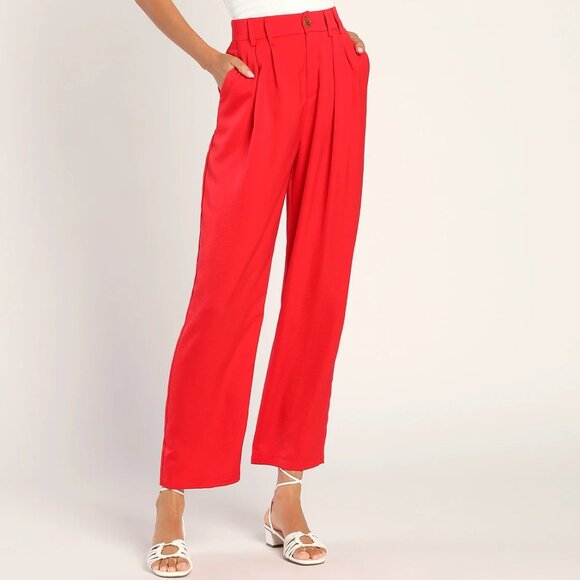 Lulu's Sophisticated Take Red High-Waisted Trouser Pants - Picture 1 of 5